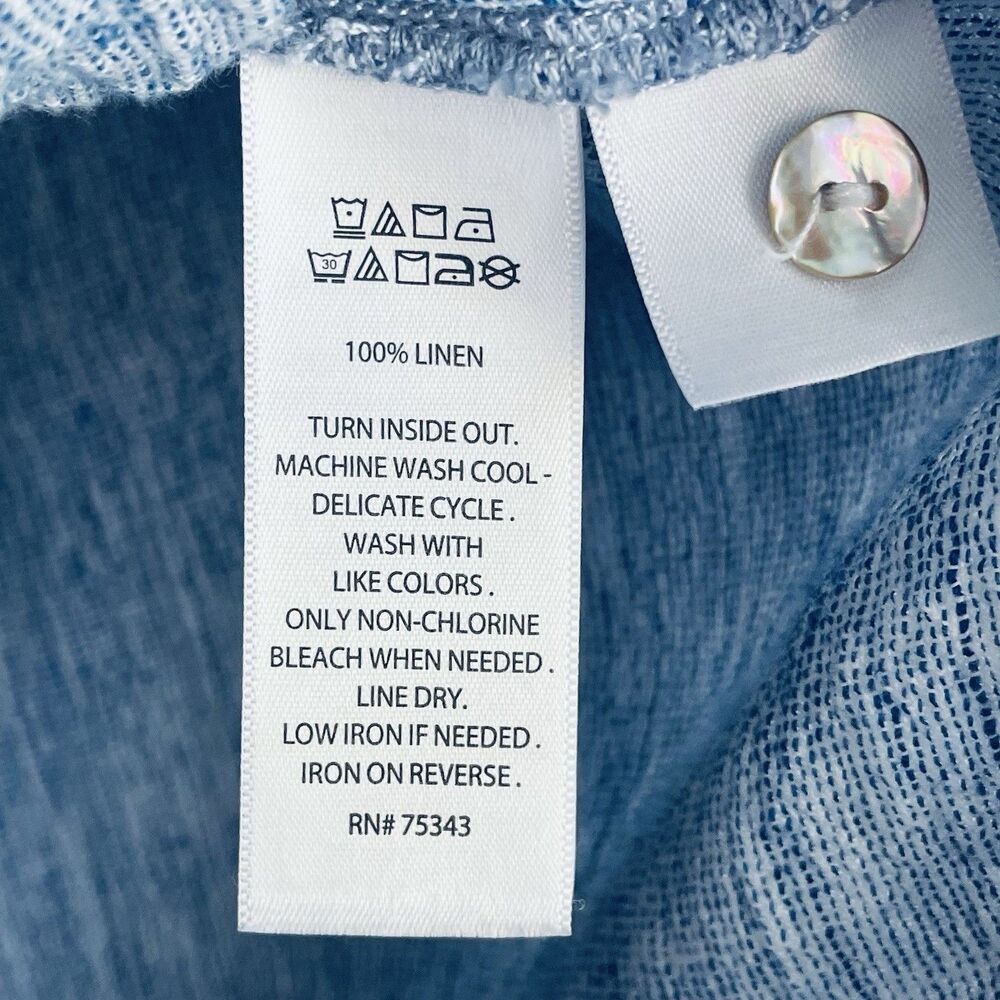 Tahari European Flax 100% Linen Shirt Women's L Blue Woven Textured Button Up - Picture 6 of 13